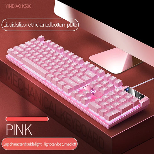 Teclado K500 rosa de cores mistas, teclas brancas e rosas, 104 teclas, teclado gaming com fios para portátil e PC