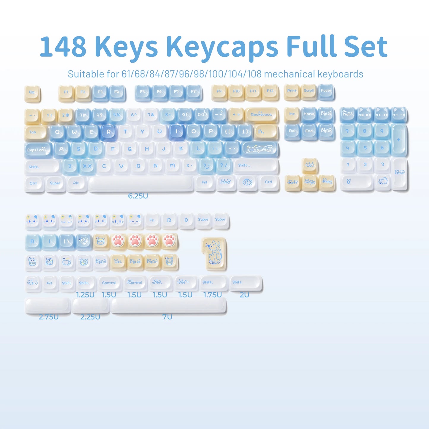 Keycaps XVX 148 Teclas Tema Gato Perfil MAO Keycap Coreana Brilhante e Fofa para Teclado 61 64 68 78 87 96 98 104 108