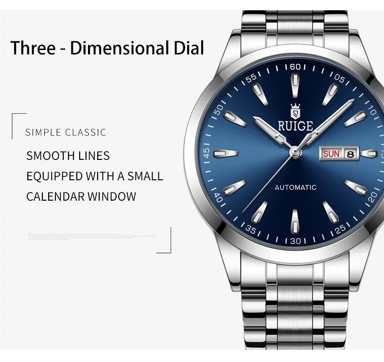 RUIGE Weekly Calendar Men's Fully Automatic Mechanical Watch Stainless Steel Business Men's Night Light Waterproof Versatile Wat