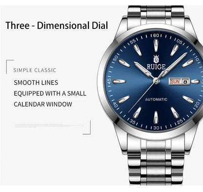 RUIGE Weekly Calendar Men's Fully Automatic Mechanical Watch Stainless Steel Business Men's Night Light Waterproof Versatile Wat