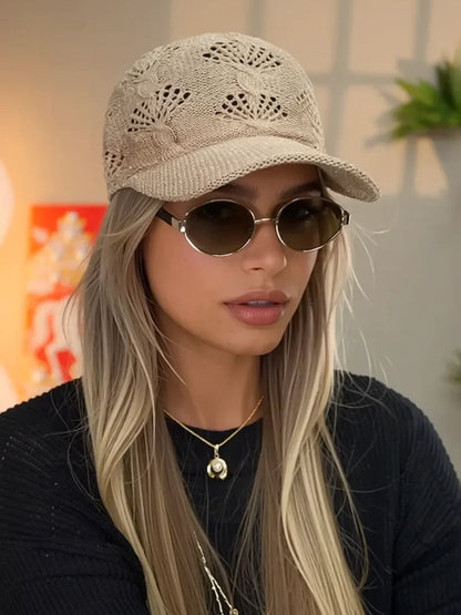 Summer Glossy Openwork Knit Baseball Cap for Women,Outdoor Sun Protection Hat Breathable Flattering Versatile