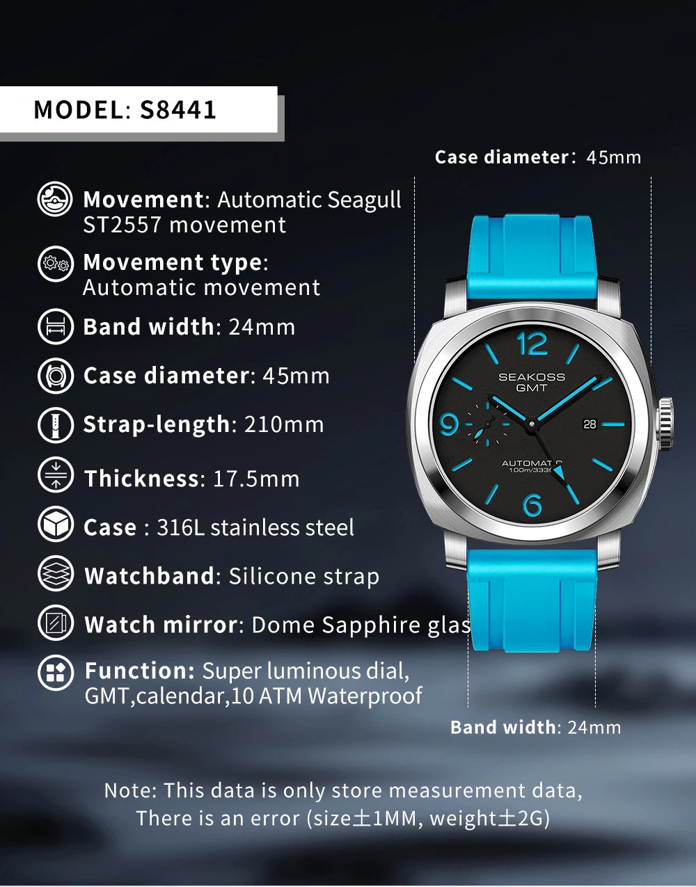 SEAKOSS 45mm Diving GMT Watch Automatic Mechanical Wristwatches Seagull ST2557 Movement 100M Luminous Calendar Men's Watches