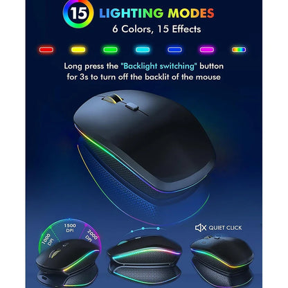 Combo de teclado y ratón inalámbricos con retroiluminación RGB, letras iluminadas recargables, tamaño completo, ergonómico, modo de suspensión, 2.4GHz