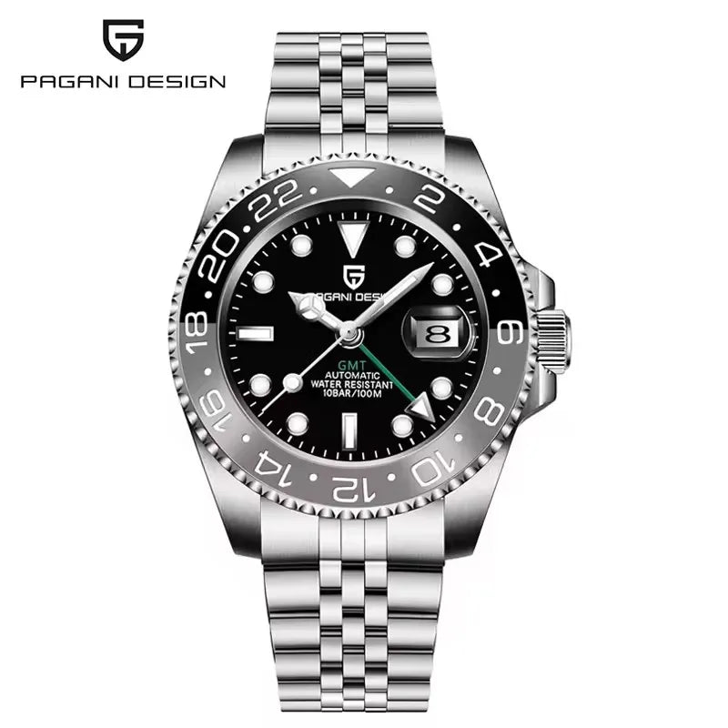 Montre mécanique pour homme PAGANI DESIGN (40 mm) – Cadran violet, fonction GMT, bracelet type Jubilee, verre saphir, étanche, mouvement automatique