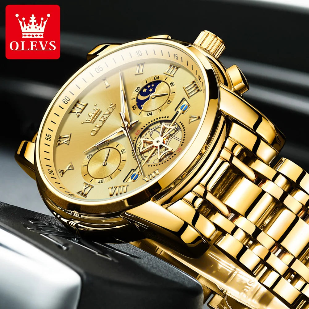 Relógio de homem OLEVS 2859 – Modelo clássico e luxuoso com algarismos romanos, multifunções, resistente à água, mostrador luminescente, movimento de quartzo de alta qualidade.