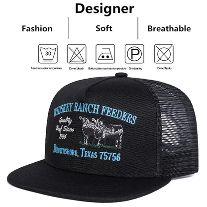 Unisex „WHISKEY RANCH FEEDERS“ siuvinėtos hip-hop stiliaus tinklinės kepurės pavasariui ir vasarai, lauko veiklai, reguliuojamos kasdienio stiliaus beisbolo kepurės, apsaugančios nuo saulės