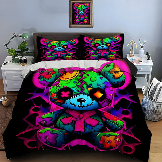Farbenfrohes Neon-Patchwork-Puppen-Bettwäsche-Set für Kinder, luxuriöses Geschenk, 3-teilig, digital bedrucktes Bettdecken-Set, weich, komfortabel und atmungsaktiv