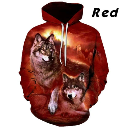 Sweatshirt com Capuz Lobo 3D Estampado, Estilo Europeu e Americano, Pullover Casual de Manga Comprida com Personalidade Animal, Modelo Popular