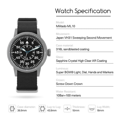 militado ML10 Quartz Watch VH31 Sweeping Second Movement 316L sandblasted coating Sapphire BGW9 Luminous 100m Waterproof Watch