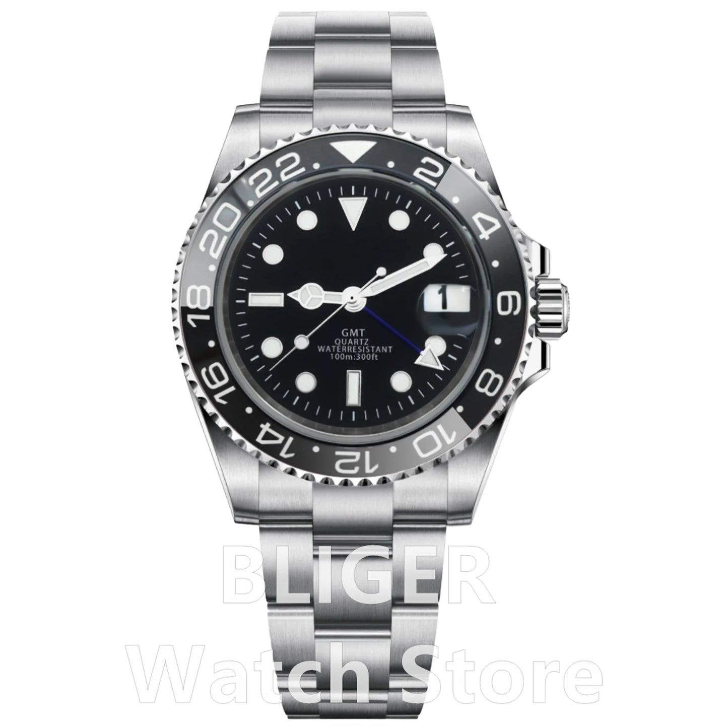 BLIGER 40mm 515 24H GMT Men's Watch Stainless Steel Clasp Luminous Quartz Movement Ceramic Bezel Sapphire Glass 10Bar Waterproof