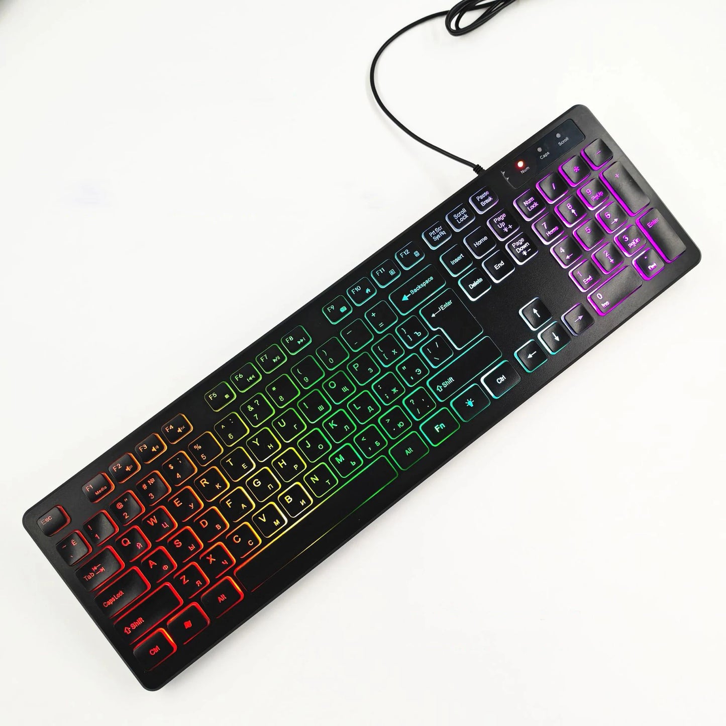 Tastiera da gaming per computer retroilluminata RGB silenziosa, tastiera cablata USB per ufficio e casa, russo, francese, spagnolo, tedesco, arabo, inglese