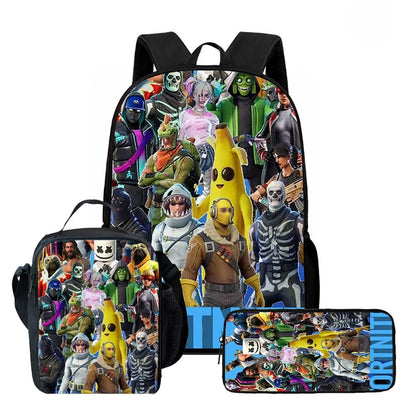 Fortnite Cartoon 3pcs Backpack Set for Boys Girls Unisex Including School Bag Lunch Bag Pencil Case Suitable for ages 5-8
