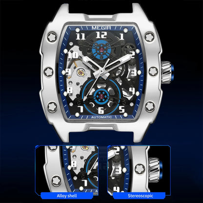 MEGIR Fashion Sport Alloy Case Men Mechanics Watch Waterproof Silicone Band Barrel Shaped Dial Luminous Pointer Man Wristwatches