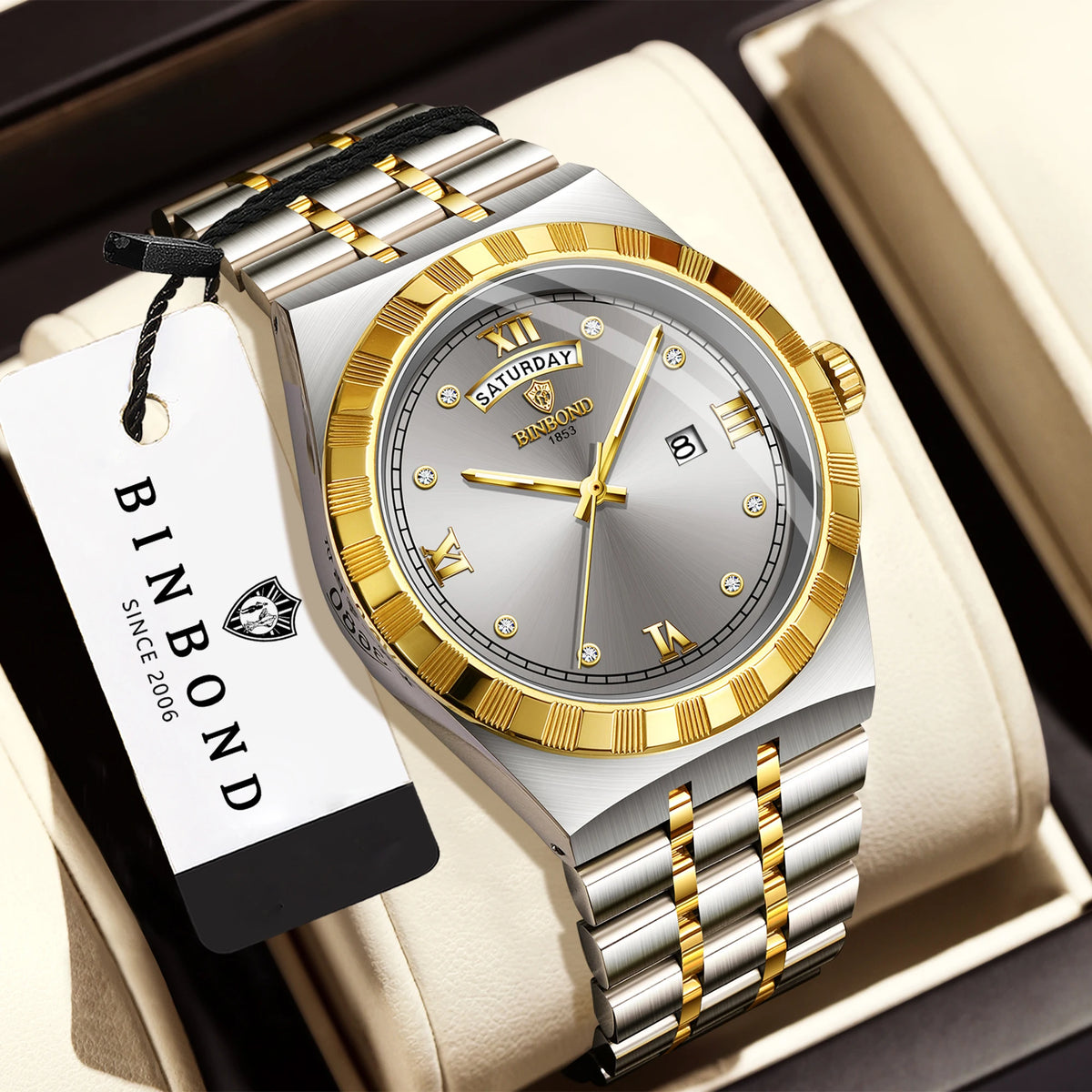 Men’s watch from the original BINBOND brand – Quartz wristwatch, luxury model, water-resistant and luminescent.