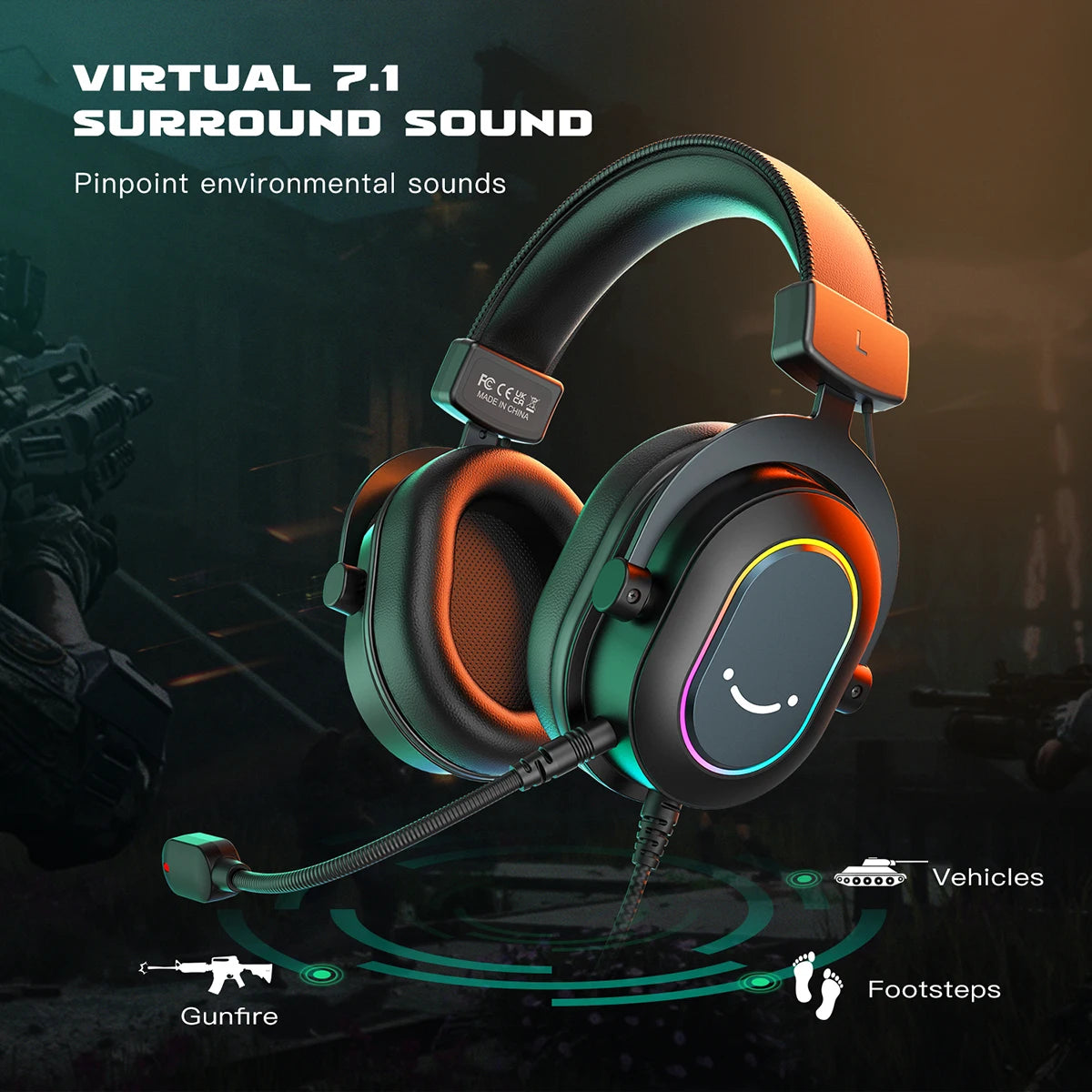Cuffie gaming RGB dinamiche Fifine con microfono, over-ear, audio surround 7.1, PC PS4 PS5, 3 opzioni EQ Game Movie Music - H6