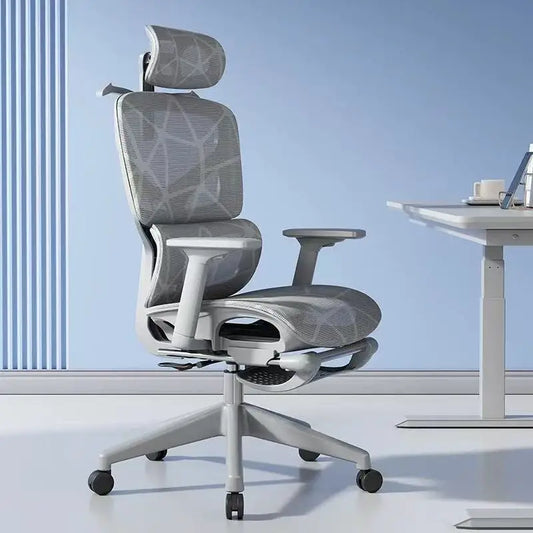 Cadeira de Escritório Ergonómica Ajustável em Malha, Cadeira de Secretária para Computador com Encosto Alto Respirável, Apoio Lombar 6D e Apoio para Pés Retrátil