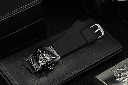 Relógio automático para homem WINNER, design esqueleto triangular, ponteiros luminescentes, bracelete em borracha, estilo militar, relógio mecânico de luxo