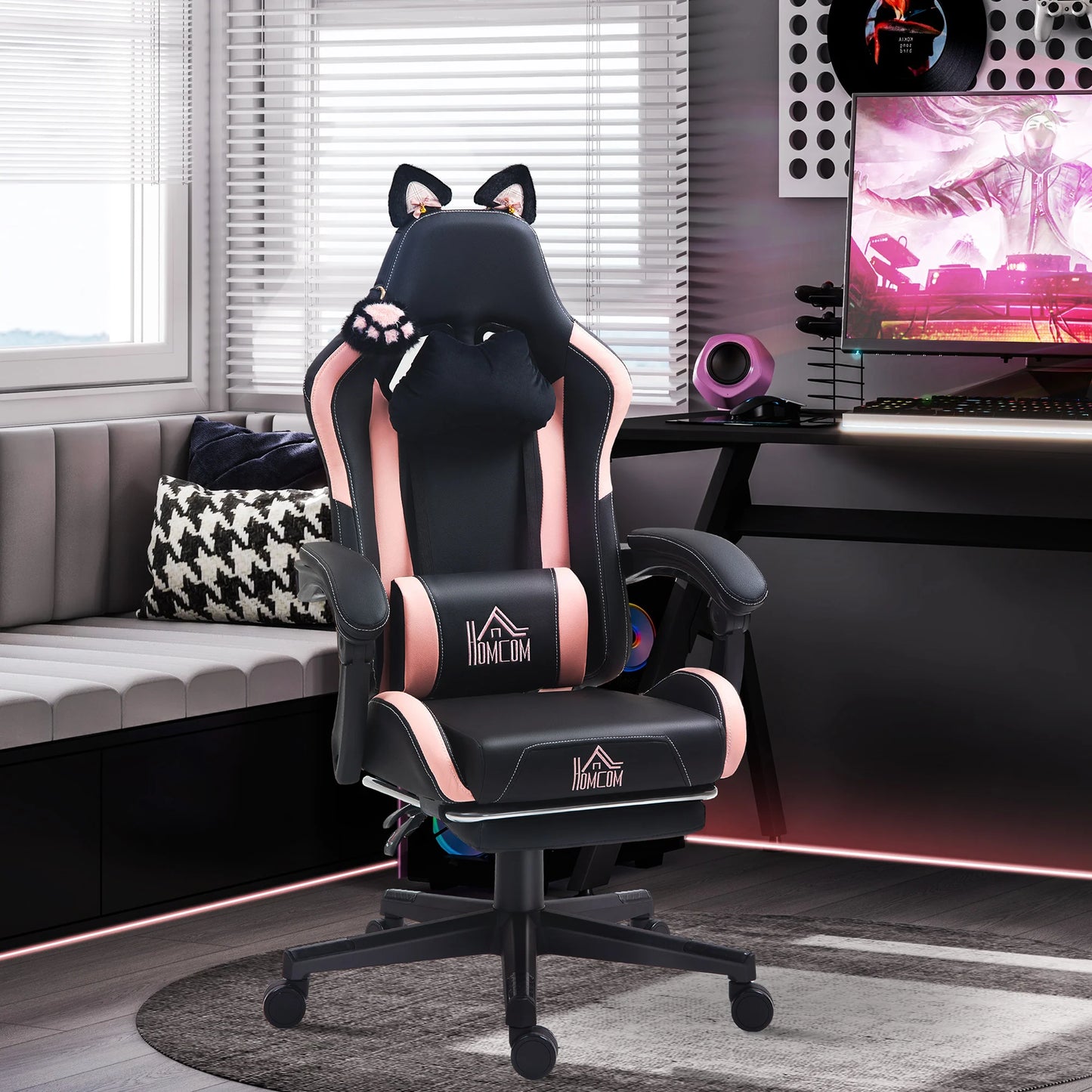Gaming Chair with Cat Ears Ergonomic Office Chair, Reclining Gaming Chair with Footrest, Adjustable Height Computer Gaming Chair, PU Leather Gaming Chair for Home Office