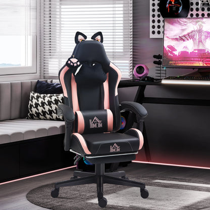 Gaming Chair with Cat Ears Ergonomic Office Chair, Reclining Gaming Chair with Footrest, Adjustable Height Computer Gaming Chair, PU Leather Gaming Chair for Home Office