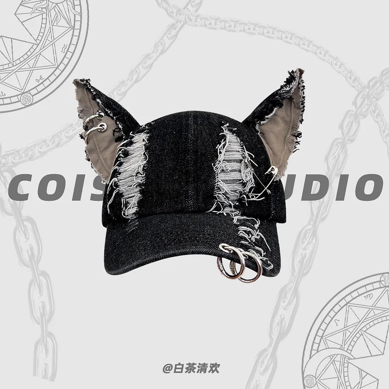 Niche Y2k Rabbit Ears Denim Ripped Baseball Cap Men and Women Dark Personality Metal Ring Street Trend Adjustable Sports Hat