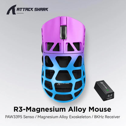 Mouse de gaming ATTACK SHARK R3 din aliaj de magneziu cu structură tip fagure, ultra-ușor, 8K Hz, senzor PAW3395, 26000 DPI, carcasă ergonomică
