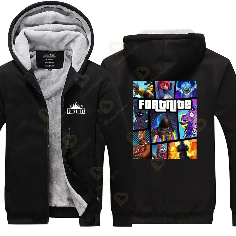 Sweat-shirts com capuz luminosos Fortnite de inverno, quentes, para homem e mulher, cosplay de jogo, em velo espesso, com fecho, casaco e sobretudo para casal