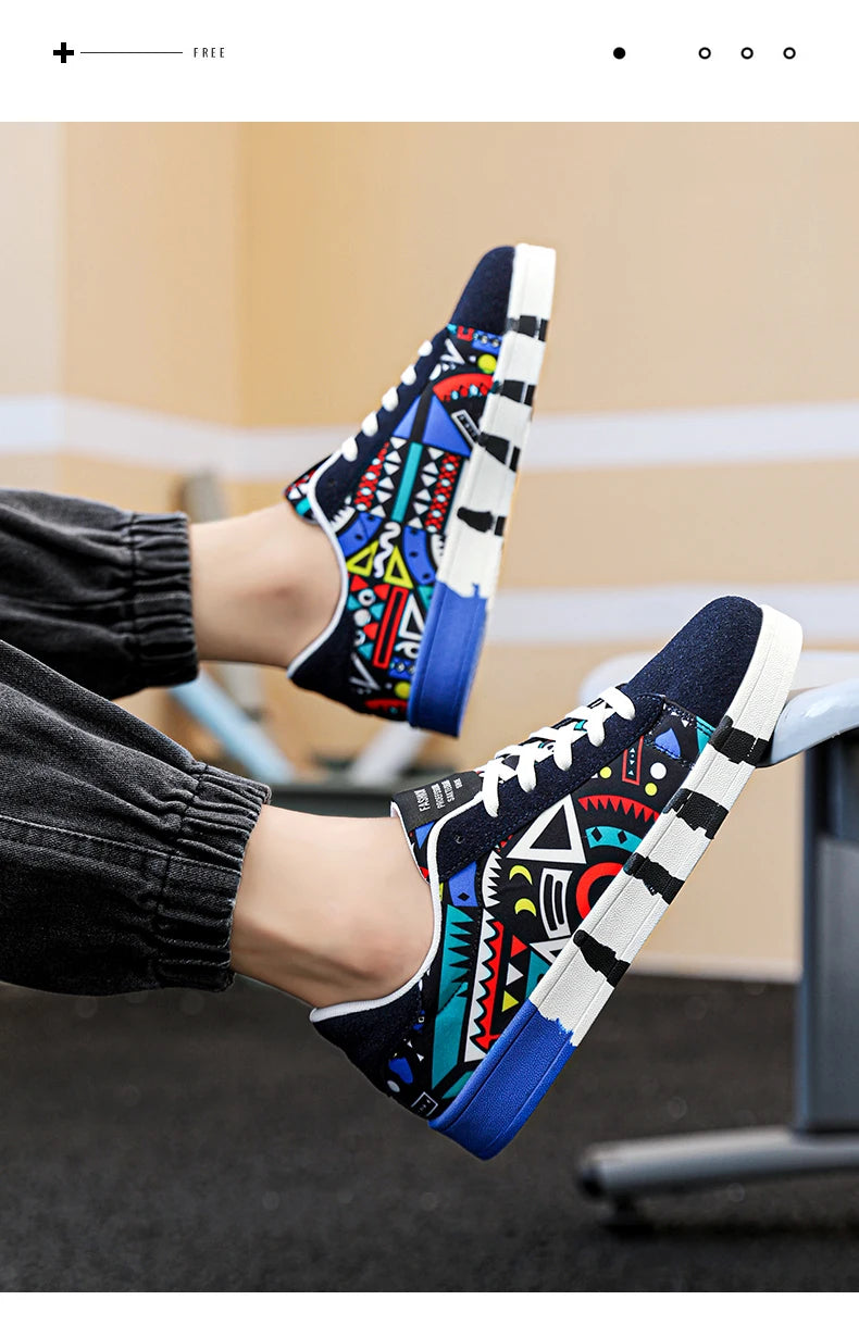 Zapatillas deportivas de running para hombre YRZL de lona con estilo geométrico, zapatillas con cordones para pareja, zapatos de skate para hombre con estampado grafiti moderno