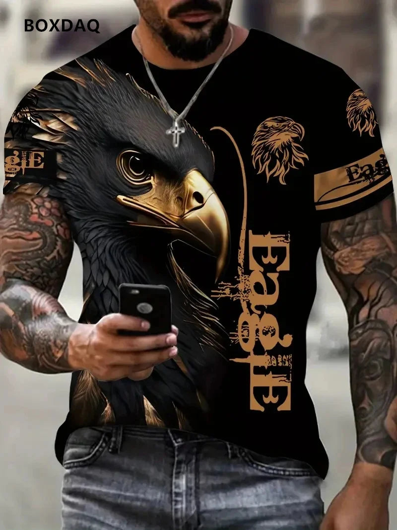 Camisetas para hombre Fashion Eagle, corte holgado, cuello redondo, tops casuales de manga corta con estampado 3D de animal, camiseta streetwear, talla grande 6XL, transpirable