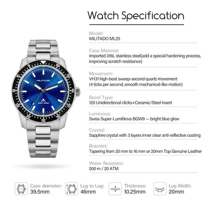 MILITADO  ML25 Quartz Dive Watch VH31 Sweep Second Sapphire Crystal 200M Waterproof BGW9 Lume Ceramic Bezel Men Watch