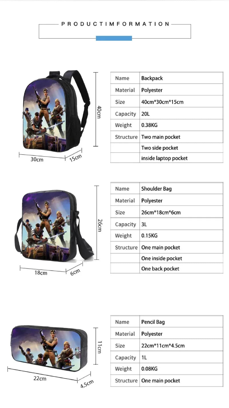 Hot game Fortnited 3PCS Backpack Set Teenager Student Travel Bag Fortress Night 3D School Knapsack Popular Games Rucksacks