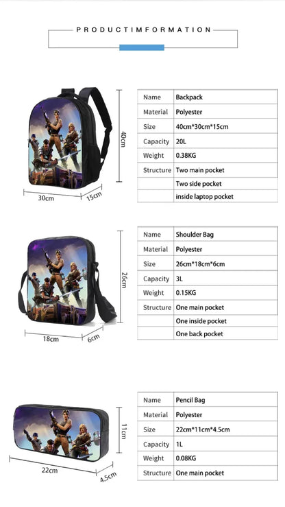 Hot game Fortnited 3PCS Backpack Set Teenager Student Travel Bag Fortress Night 3D School Knapsack Popular Games Rucksacks