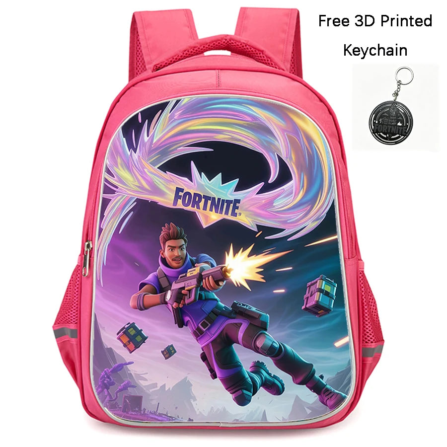 FORTNITE 16-inch Durable Lightweight Backpack, Dual Zipper Pockets, Cartoon Style for Boys & Girls 6-10,Free 3D Printed Keychain