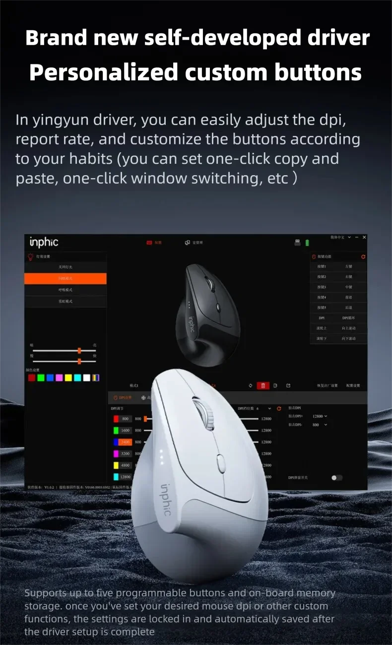 Inphic X9 PRO Vertical Wireless Mouse, Ergonomic Silent Bluetooth & 2.4G Rechargeable Mouse with Type-C Fast Charging, 12800 DPI for Laptop, PC & Gaming
