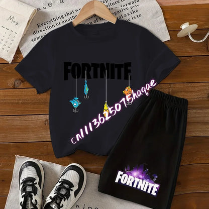 Sommer-Fortnite-T-Shirt und Shorts für Jungen und Mädchen, 2-teiliges Kinder-Set mit Oberteil und Hose, Fortress-Night-Print, Geschenk