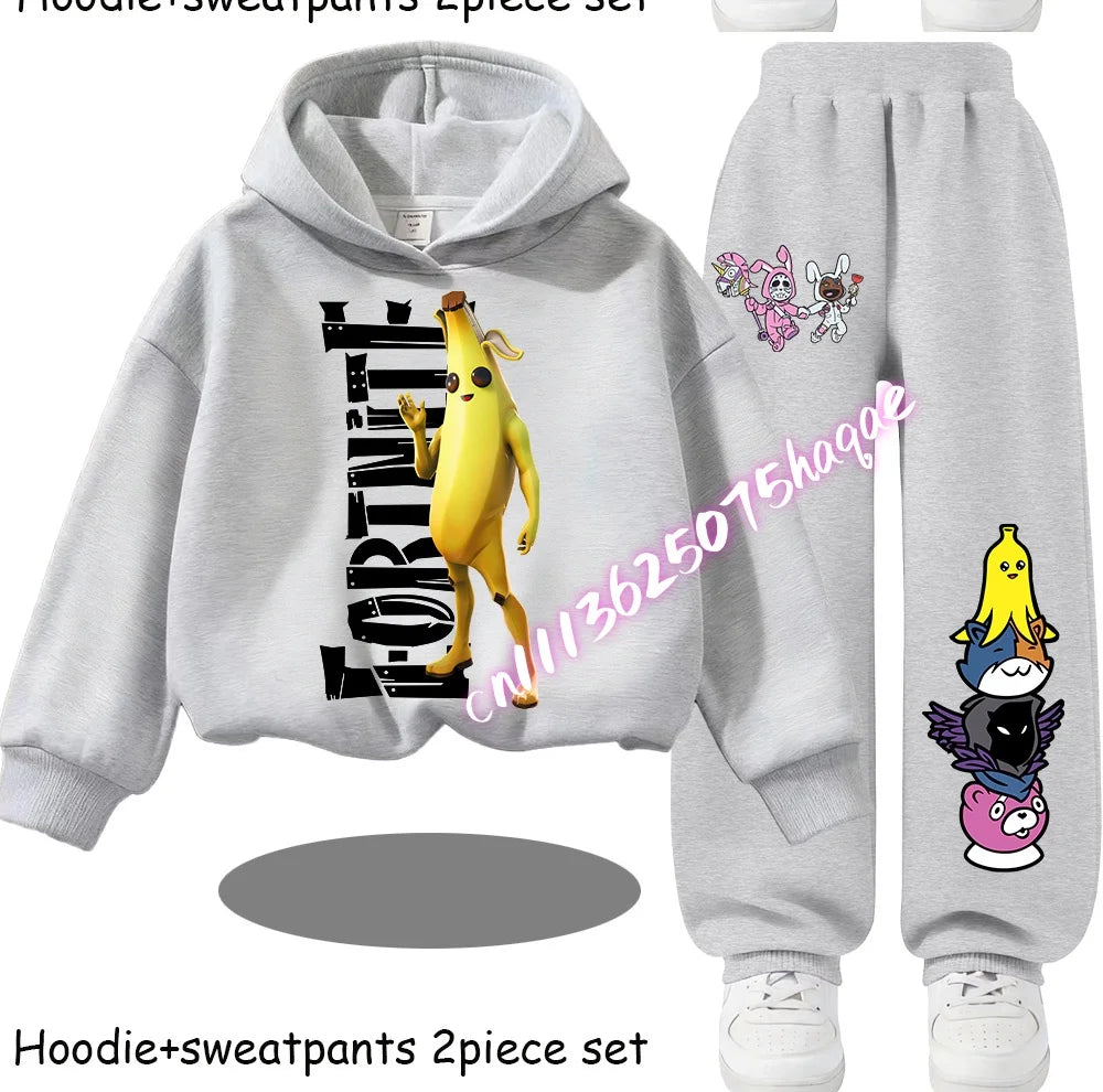 Fortnite Kids Spring and Autumn Long-Sleeved Pants Children's Hooded Sweatshirt Set Game Cartoon Print Boys' Sport Shirt