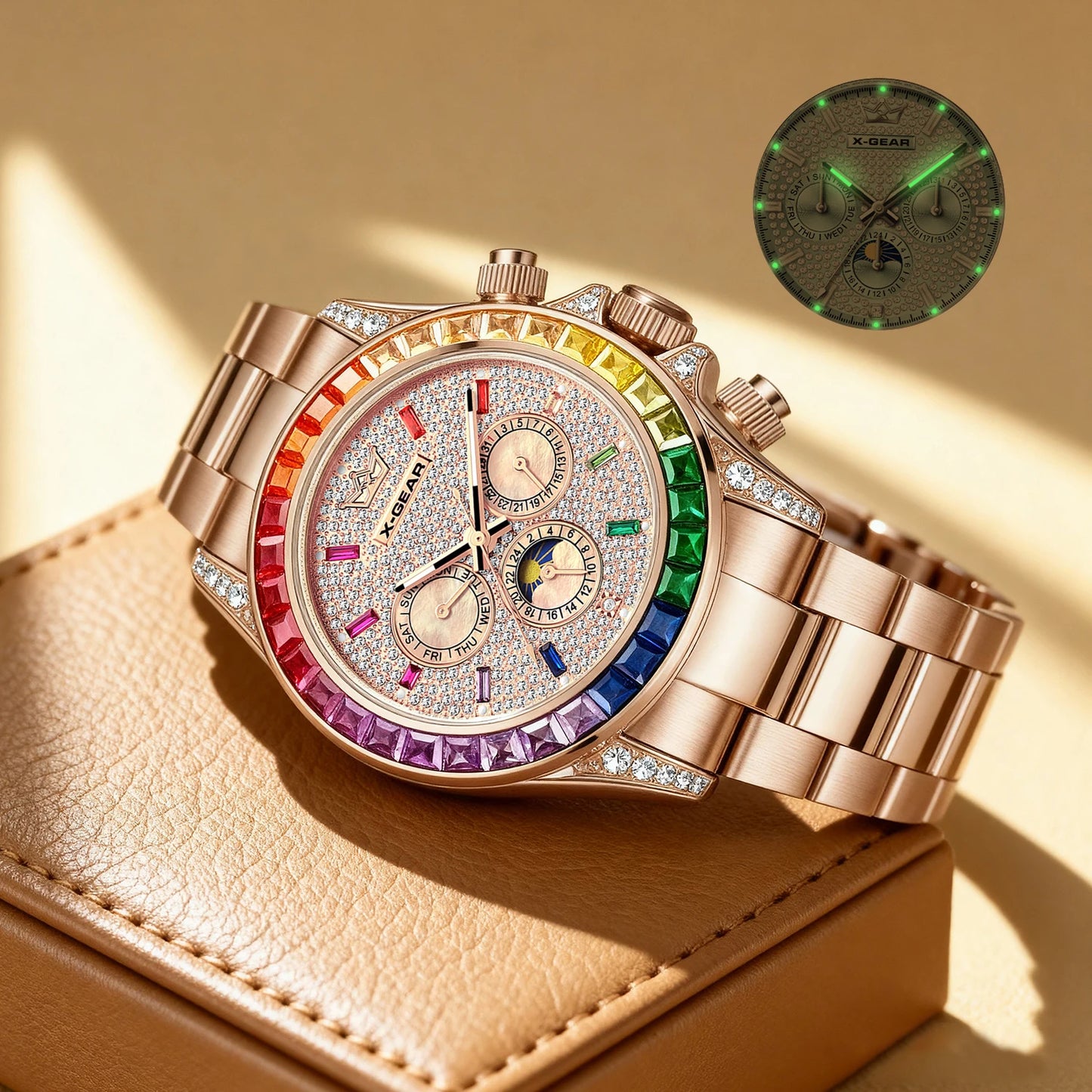 X-GEAR Men's Watch Automatic Mechanical with Diamond Dial Luminous Moon Phase Water-Resistant