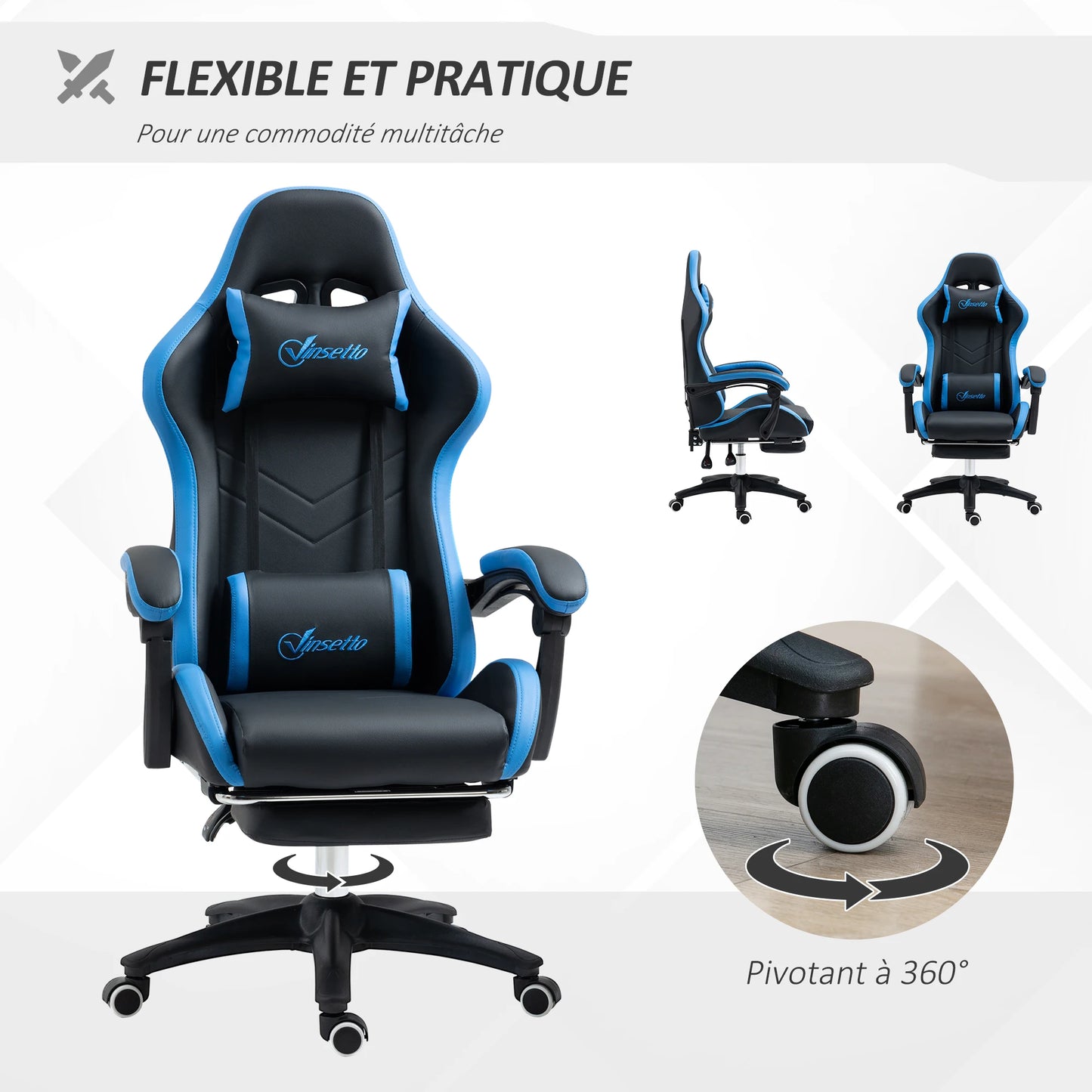 Ergonomic Gaming Chair with Footrest, Lumbar Support Cushion, Adjustable Height, 135° Reclining Computer Gaming Chair for Office & Home