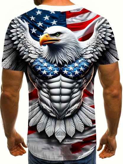 Patriottisch 3D-T-shirt met adelaarsprint voor heren, casual T-shirt met ronde hals en korte mouwen, ideaal voor zomermode en buitenactiviteiten, herenkleding