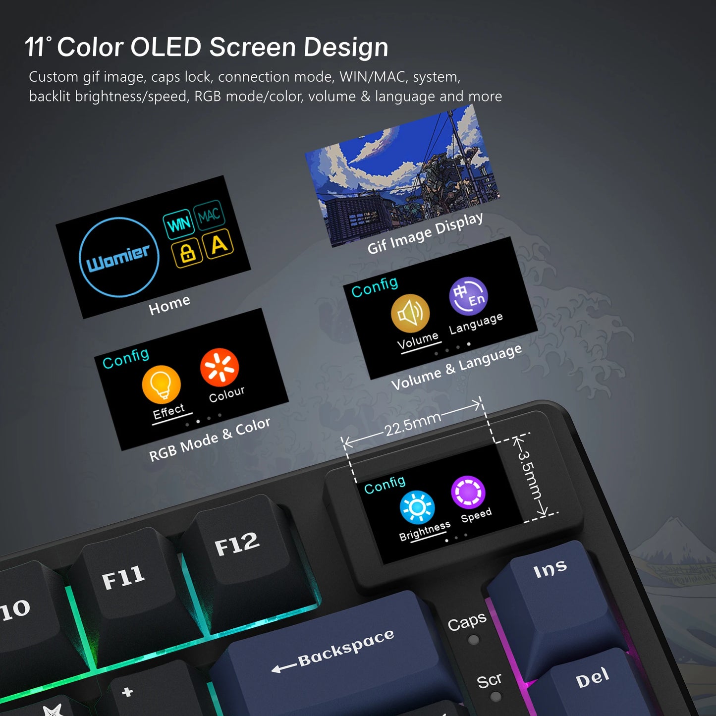 Teclado gamer Womier S-K80 com ecrã OLED a cores, teclado mecânico gaming hot-swappable com montagem gasket, teclado RGB personalizado