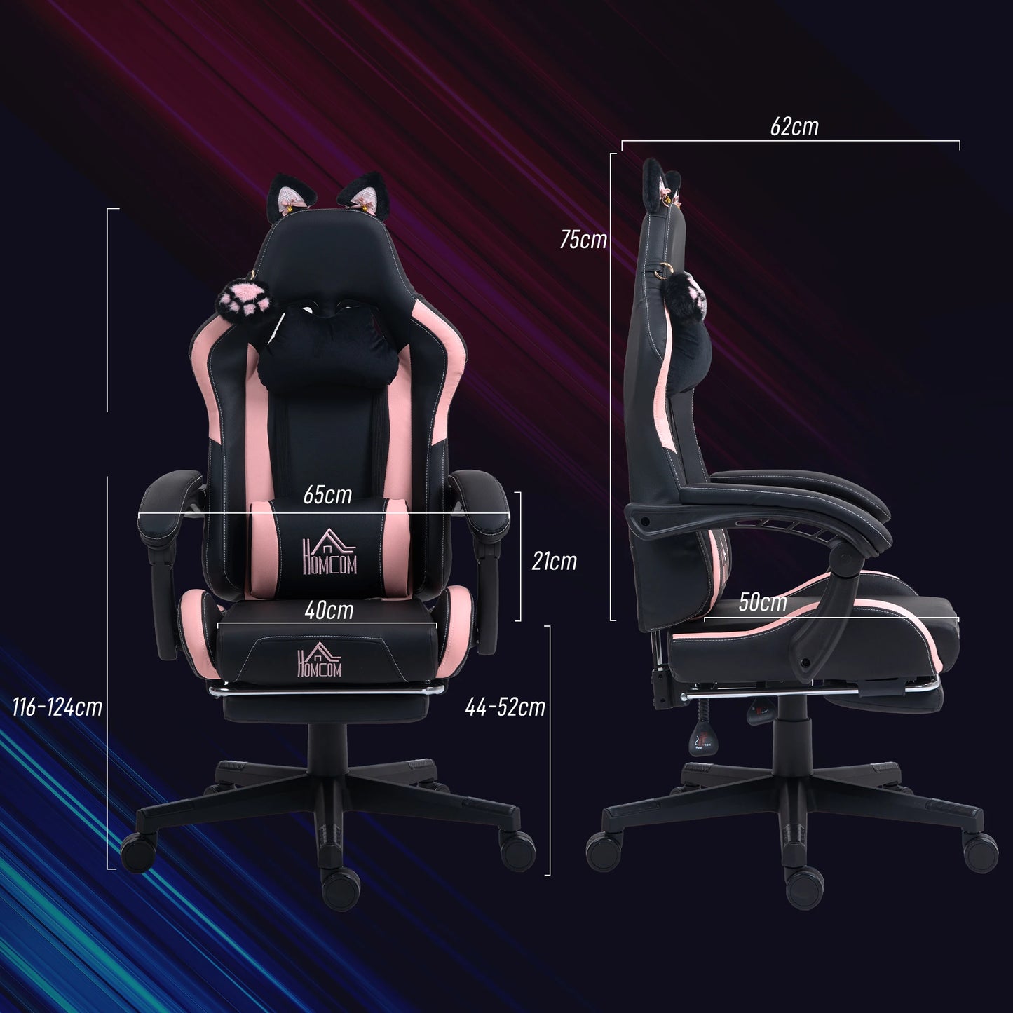 Gaming Chair with Cat Ears Ergonomic Office Chair, Reclining Gaming Chair with Footrest, Adjustable Height Computer Gaming Chair, PU Leather Gaming Chair for Home Office