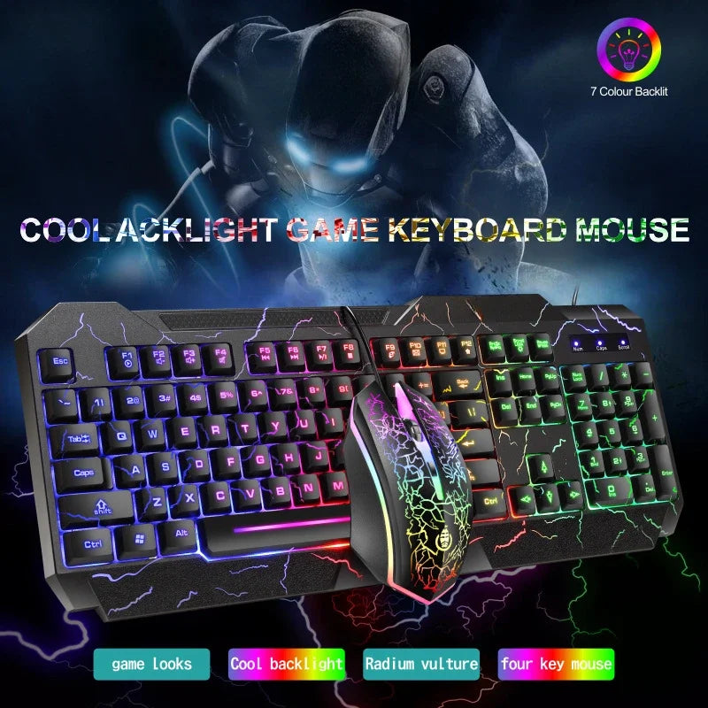 Combo tastiera e mouse da gaming cablati per computer desktop, tastiera retroilluminata LED effetto meccanico