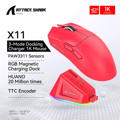 ATTACK SHARK X11 žaidimų pelė ir X11 SE belaidė pelė, 22000 DPI, PAW3311 jutiklis, BT/2.4G/laidinė, lengva 59g, 2000W paspaudimų