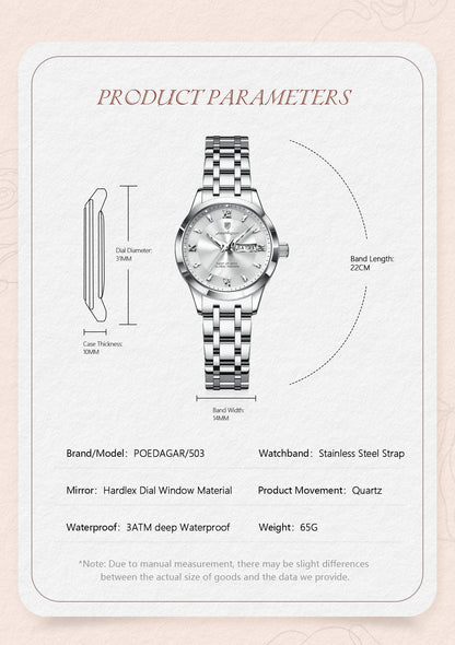 POEDAGAR Luxury Elegant Woman's Watches Luminous Waterproof Stainless Steel Ladies Wristwatch Quartz Week Date Women Watch Reloj