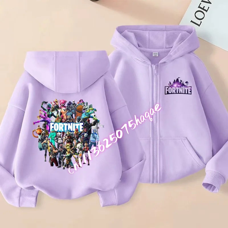Casacos com capuz e fecho para criança Fortnites, sweatshirts Anime Fortress Night, sweatshirts gaming de primavera/outono, roupa desportiva infantil, presente