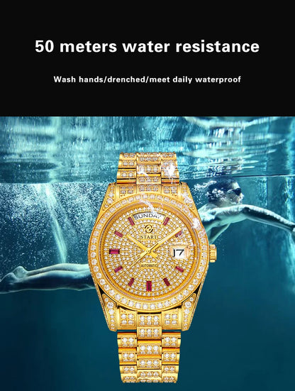 【START】Men's Watch Swiss Automatic Mechanical Movement Diamond Watch Waterproof Date Week Function Golden Watch