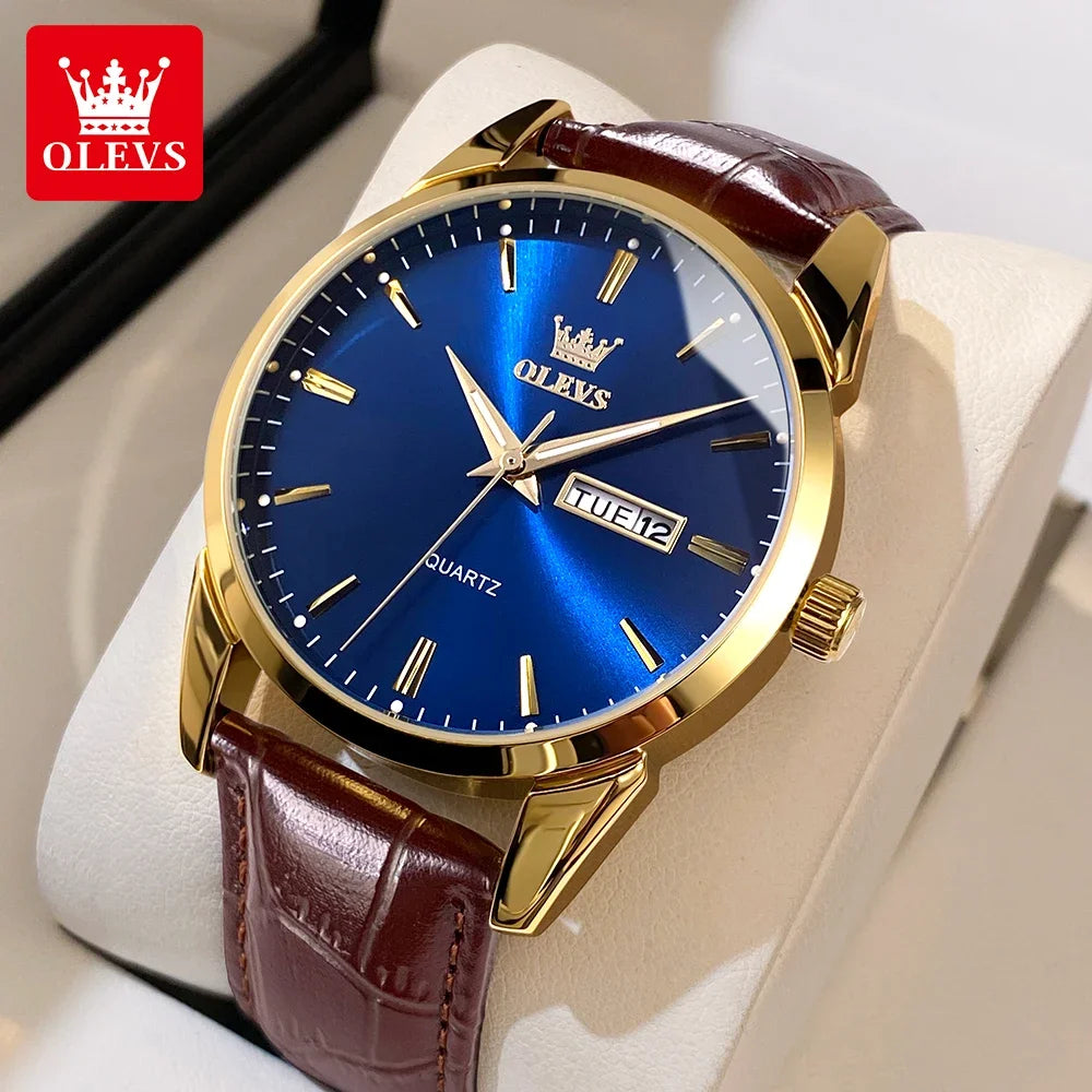 Relógio de quartzo OLEVS para homem – Estilo luxuoso e elegante, bracelete em pele, indicação da data e do dia, resistente à água, ideal para o trabalho