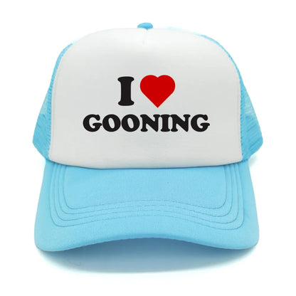 Juokingos „I Love Gooning“ beisbolo kepurės. Šaunios vasarinės vyriškos tinklinės kepurės. Humoro kupinos „Trucker“ stiliaus kepurės. Unisex lauko tinklinės kepurės MZ-080