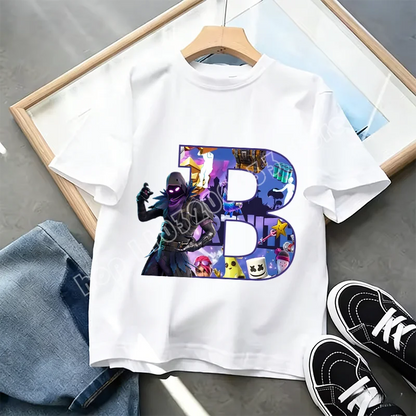 T-shirt Infantil Branco Fortnite com Estampado Alfabeto A-Z — Roupa de Verão, Jogo de Desenhos Animados Popular, Manga Curta Casual, Presente de Moda