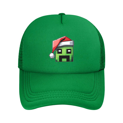 blocky adventurer discover a Creepers monster behind him Trucker Cap Sun Hats Cap Adjustable Snapback Caps Mesh Baseball Cap