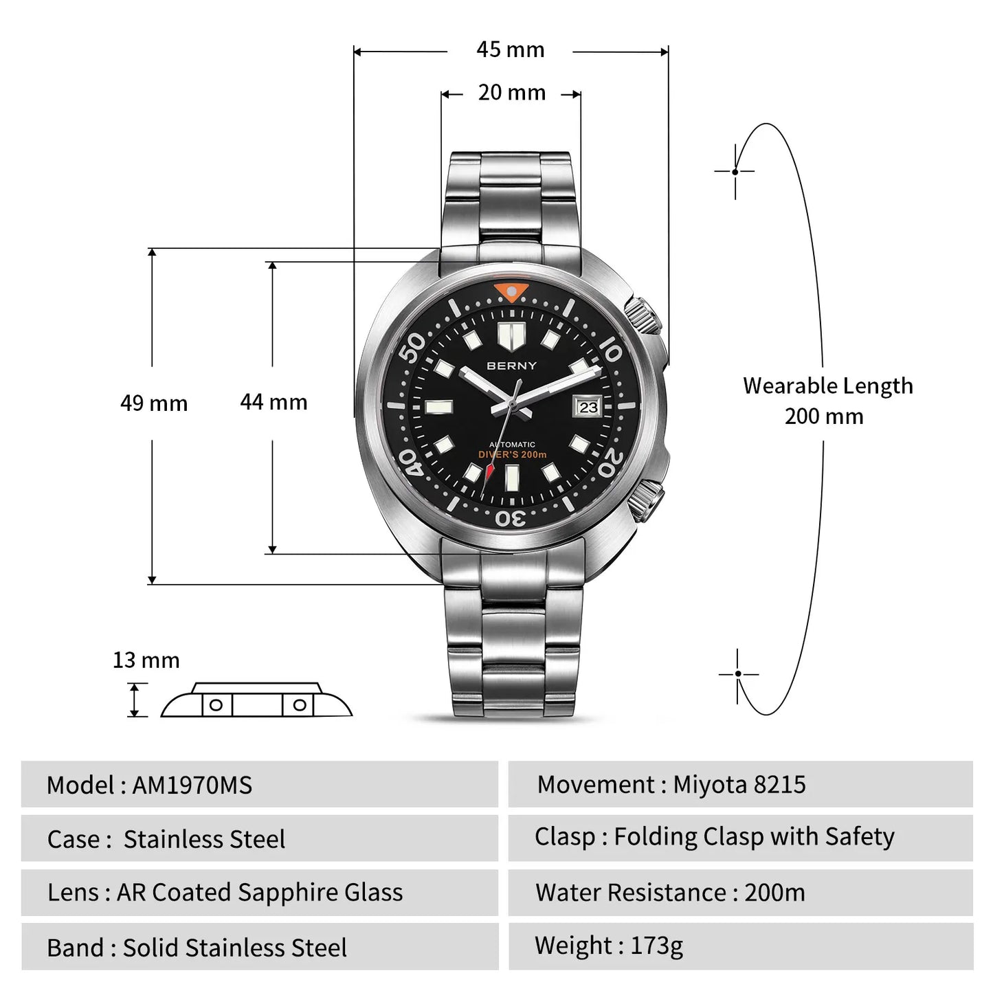 BERNY Automatic Dual Crown Diver Watch For Men Super Luminous Miyota 8215 Sapphire Swim Sport 20ATM Mechanical Men's Dive Watch